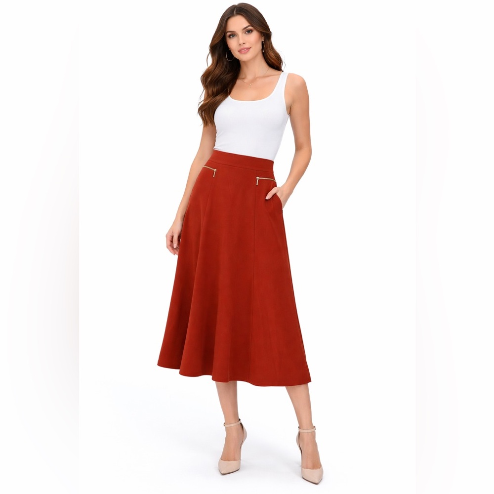 A-Line Rust Skirt with Gold Zippers